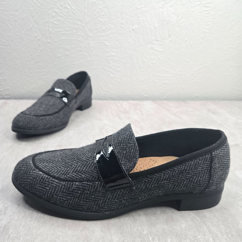 Clarks Penny Loafers Size 9 Black Gray Herringbone Preppy Comfort Dress Shoes